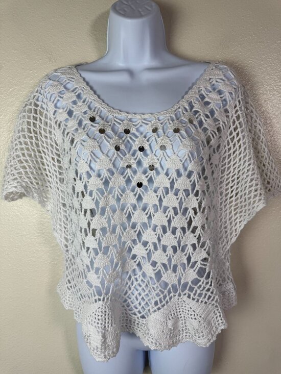 Kamiseta Crochet Open Knit White Top size XXS Short Sleeves Cottage Beachy - Picture 10 of 15